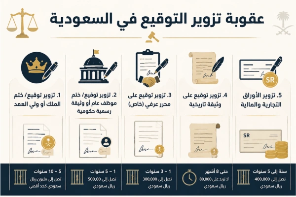 عقوبة تزوير التوقيع في السعودية مع أنواع المحررات والعقوبات القانونية المقررة لكل حالة.
