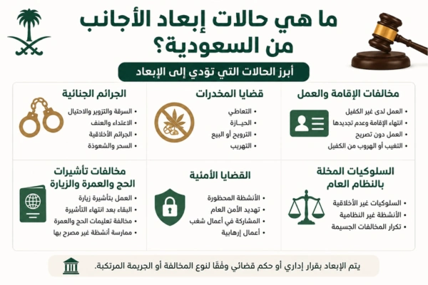 أبرز الحالات التي تؤدي الى إبعاد الأجانب في السعودية.